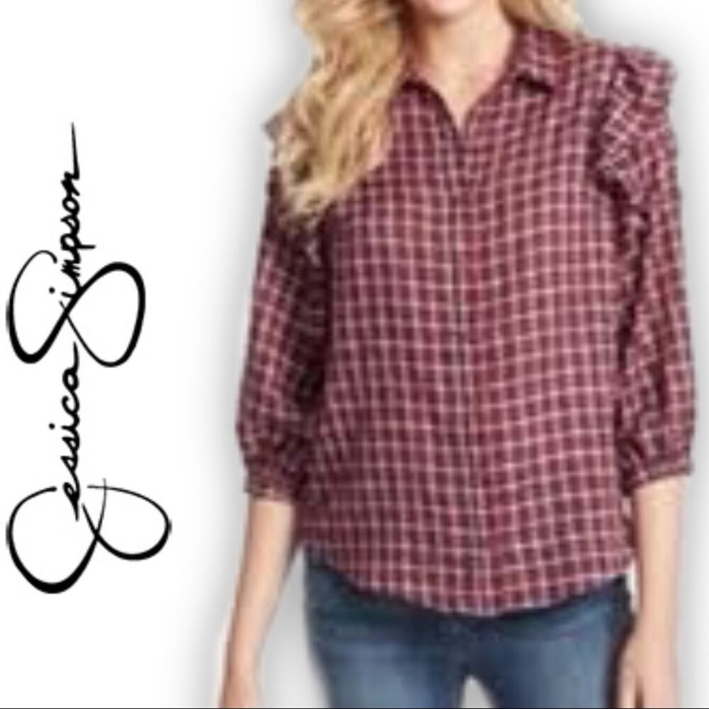 Jessica Simpson Sadie Double Ruffle Burnout Button Up Blouse Top Small NWT